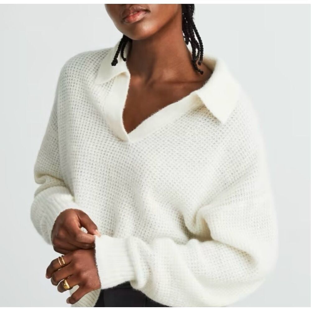 Everlane Alpaca Waffle-Stitch Polo Sweater Ivory Size XXS - Picture 3 of 12